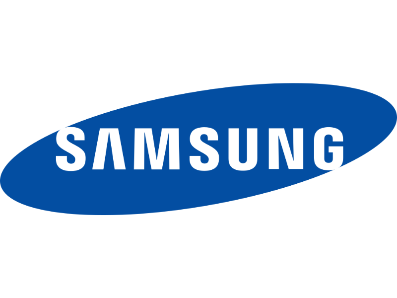 Samsung logo: The word “SAMSUNG” in bold, white uppercase letters centered inside a blue oval shape on a plain white background. This iconic logo represents the Samsung brand’s identity.