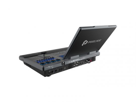 PIXELHUE U5 portable video switcher with large built-in screen, labeled Pixelhue, featuring control buttons and dials on the front panel, and multiple input/output ports on the back; Event-Controller for live video production.