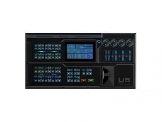 PIXELHUE U5 Event-Controller digital control panel with a central touchscreen, multiple buttons, switches, colored indicator lights, sliders, and knobs; new purchase label appears in the bottom right corner.