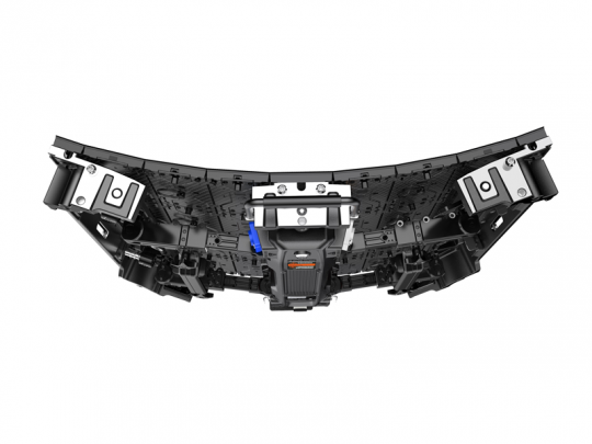 Close-up of the back of a Unilumin URMIII 2.6 MK2 Pro Flex XS LED Wall Module, showing 2.6mm pixel pitch panel with visible connectors, mounting brackets, and central control module on the curved display surface.