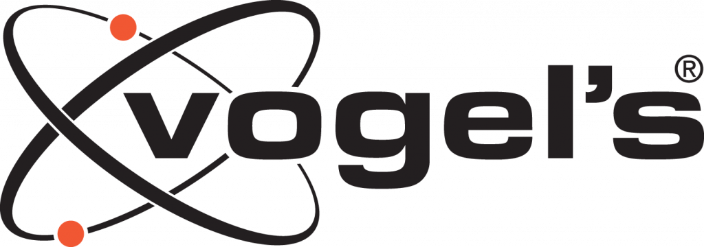 Vogel’s logo featuring bold black text and two small orange dots circling sleek, curved lines that form an abstract atomic structure; ideal for Logando about us pages aiming for a modern, dynamic branding identity.