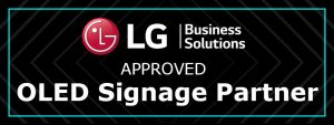 LG Business Solutions logo on a black background with a blue border, featuring the text APPROVED OLED Signage Partner. This alt text highlights LGs official OLED signage partnership status.