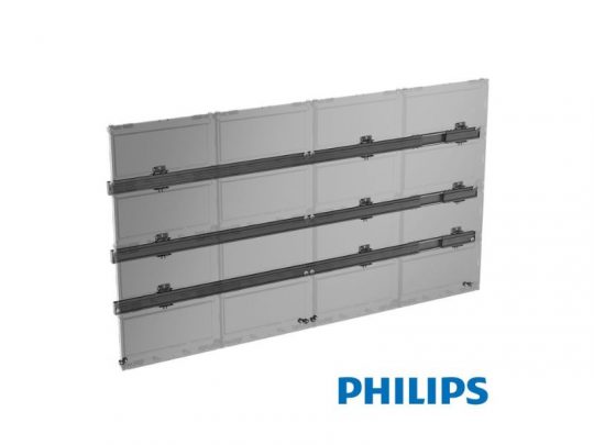 Philips transparent LED display panel viewed from the back at an angle, showcasing visible wiring, hardware components, and a clear glass surface. The Philips logo appears in the lower right corner.