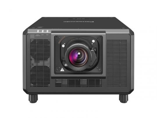 Front view of a black Panasonic PT-RQ35K 3-Chip DLP projector, rental model, with a large central lens and side ventilation grilles; delivers 32,000 lumens for high-brightness professional projection.