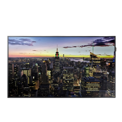 A city skyline at dusk displayed on a flat-screen TV, featuring tall skyscrapers and the Empire State Building illuminated against a colorful sunset sky.