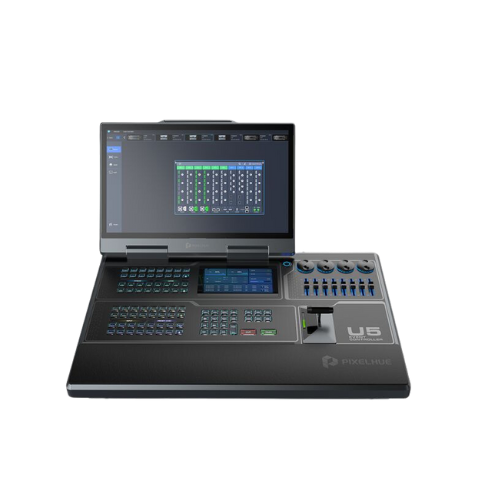 Professional lighting control console with large touchscreen display, multiple buttons, sliders, and dials for stage lighting management; features advanced Logando integration visible on the screen.