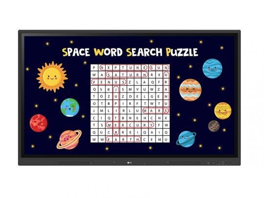 Digital display featuring a Space Word Search Puzzle with a colorful grid, cartoon planets, sun, and stars decorating the border; several space-themed words are circled in red.
