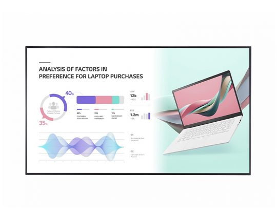 Display screen showing a chart titled Analysis of Factors in Preference for Laptop Purchases with colorful graphs, percentage data, and a white laptop on the right side against a light background.