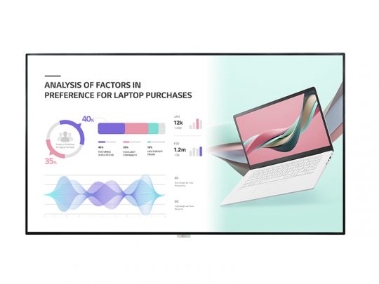 Presentation slide showing laptop purchase preferences with pie charts, bar graphs, and data analysis; a photo of a white laptop featuring a colorful wallpaper is displayed on the right side of the screen.