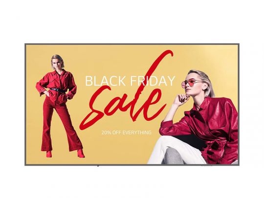 A woman in a stylish red outfit is shown in two poses against a bright yellow background. Bold text states Black Friday Sale with 20% off everything written below, promoting a sitewide fashion discount.