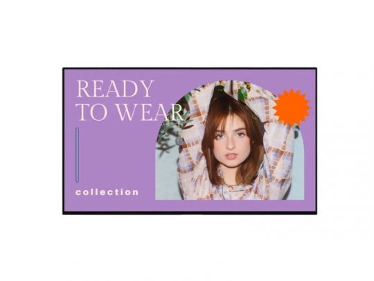 Young woman modeling vibrant patterned clothing for a READY TO WEAR collection; purple background with bold white text and an orange starburst graphic in the top right corner. Fashion advertisement highlighting new trendy apparel.