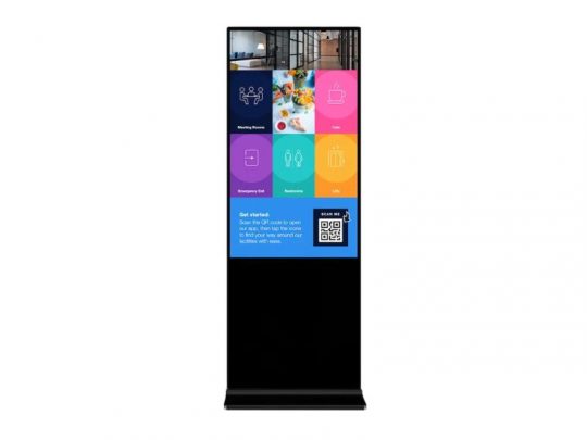 Freestanding digital kiosk displaying a vibrant touchscreen interface with colorful grid icons, images, text, and a visible QR code at the bottom, set against a plain white background. This interactive kiosk is ideal for digital signage or self-service applications.