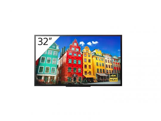 A 32-inch 4K HDR TV showing a vibrant image of colorful buildings with a bright blue sky and white clouds. The television features an ultra-high-definition display, slim black frame, and stands on two sleek legs. Perfect for vivid home entertainment.