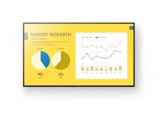A computer screen displays a yellow-themed market research report featuring two pie charts with percentages (40% for last year and 62% for this year) and a line graph comparing monthly trends over two years. Ideal for presenting business analytics and data visualization.