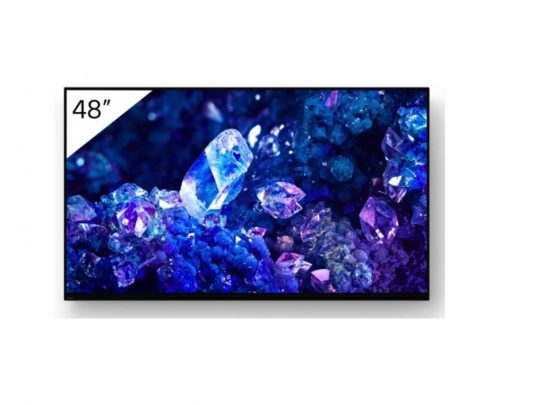 48-inch flat-screen TV displaying vibrant blue and purple crystal graphics against a white background. Perfect for vivid home entertainment.