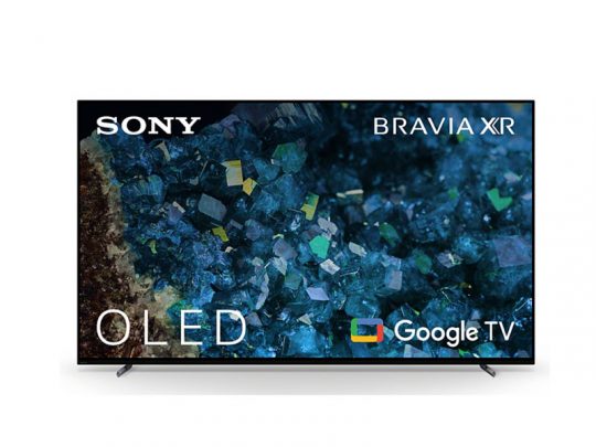 Sony Bravia XR OLED TV displaying a vibrant crystal-inspired background; Sony, Bravia XR, OLED, and Google TV logos appear in the lower corners of the screen.