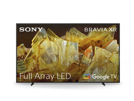 Sony Bravia XR TV displaying an image of vibrant yellow crystals, with on-screen text reading Full Array LED and Google TV. Sony and Bravia XR logos appear in the corners, highlighting this smart 4K television’s features.