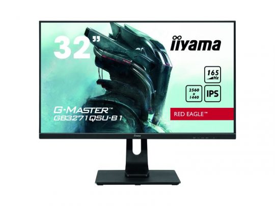 Iiyama GB3271QSU-B1 32 Inch Gaming Series Monitor displaying a futuristic armored character on screen; features include a 165Hz refresh rate, 2560x1440 QHD resolution, and an IPS panel.