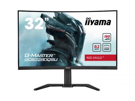 Iiyama GCB3280QSU-B2 32-inch Gaming Series Monitor displaying a futuristic armored character, with highlighted gaming specs including 180Hz refresh rate and 0.2ms MPRT shown on screen. Ideal for immersive, high-performance gaming setups.