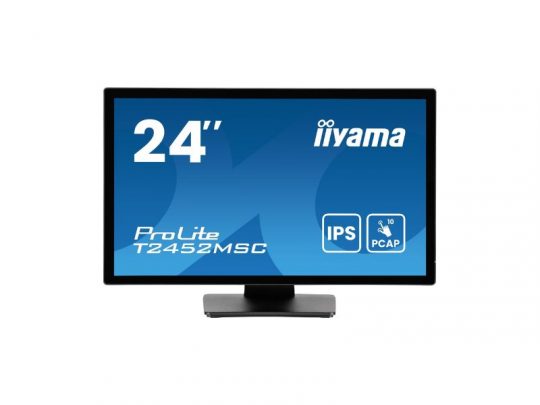Iiyama T2452MSC-B1AG 24 inch FHD touch monitor with blue screen displaying product name, IPS and PCAP icons, shown on a white background.