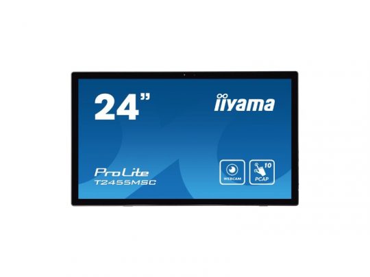 24 Inch FHD Touch-Monitor iiyama T2455MSC-B1 with a blue display screen showing the iiyama logo, model name, webcam icon, and text highlighting 10-point PCAP touch technology; new desktop touchscreen monitor ideal for interactive use.
