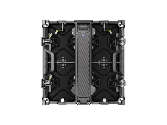 Rear view of Unilumin URMIII 2.6 MK2 Pro LED Wall Module 2.6mm showing a rectangular black panel with sturdy handles, secure latches, exposed structural components, a central vertical power button, and Unilumin branding for professional LED display setups.