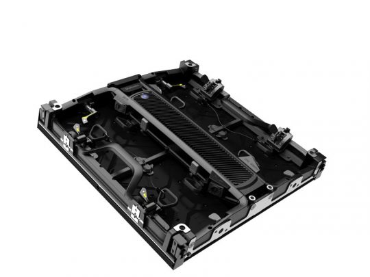 LED Wand Modul 2.6mm - Unilumin URMIII 2.6 MK2 Pro (Neuware) shown as a black rectangular LED display module with exposed circuit boards, wiring, and connectors, photographed at an angle on a white background.