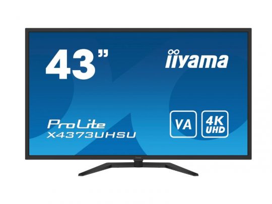 Iiyama ProLite X4373UHSU-B1 43 Inch Desktop Monitor displaying a blue screen with crisp white text showing “43”, “iiyama”, “ProLite X4373UHSU”, “VA”, and “4K UHD”; widescreen design, new model, ideal for high-resolution desktop use.