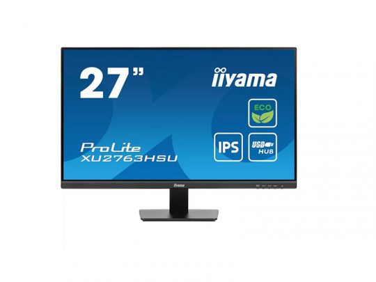 27-inch iiyama ProLite XU2763HSU computer monitor with a slim black frame, showing a blue screen featuring ECO, IPS, and USB HUB icons; the model name “ProLite XU2763HSU” is visible on the front bezel.
