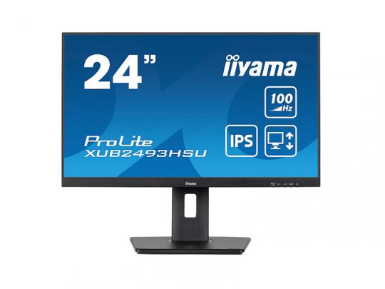 24-inch iiyama ProLite XUB2493HSU computer monitor with slim bezels and a rectangular stand, shown with a blue screen highlighting features such as 100 Hz refresh rate and IPS technology.