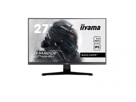 27-inch iiyama G-Master Black Hawk gaming monitor showing a futuristic helmeted character on screen; product highlights include 1ms response time, 100Hz refresh rate, and IPS panel technology for smooth, vibrant visuals.