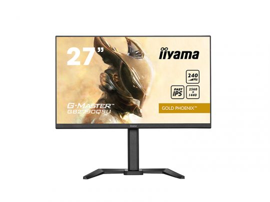 27-inch iiyama G-Master Gold Phoenix gaming monitor on a stand, showing vibrant Gold Phoenix artwork on the screen; features include 240Hz refresh rate, Fast IPS panel, and 2560x1440 QHD resolution.