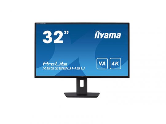 32-inch iiyama ProLite XB3288UHSU 4K computer monitor with a sleek black frame and sturdy flat rectangular base, displayed front-on with a blue screen showing model details and VA panel type.