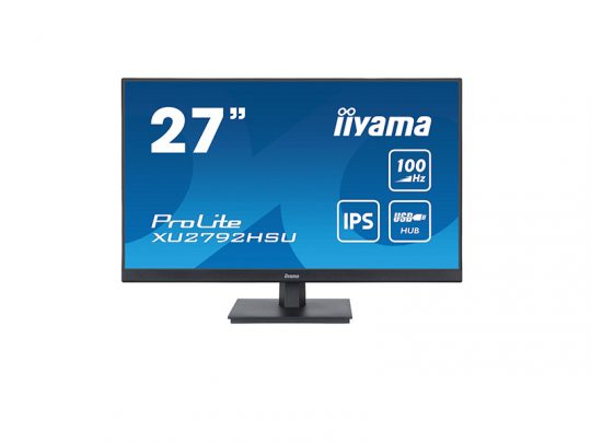 27-inch iiyama ProLite computer monitor with slim bezel, rectangular stand, and blue screen displaying features like 100Hz refresh rate, IPS panel, and built-in USB hub. Perfect for professional or home office use.