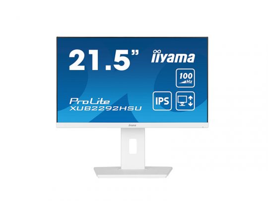 White iiyama ProLite XUB2292HSU computer monitor with thin bezel and rectangular stand, displaying a blue screen with the specs 21.5, 100Hz, IPS.