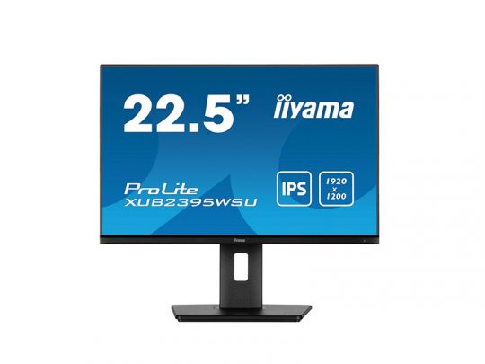 22.5-inch iiyama ProLite XUB2395WSU monitor with ultra-thin bezel, shown front-facing; screen displays IPS panel and 1920 x 1200 resolution specs on a blue background.