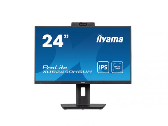Front view of a 24-inch iiyama ProLite XUB2490HSUH IPS computer monitor on its stand, featuring thin bezels and a built-in webcam centered at the top of the display.