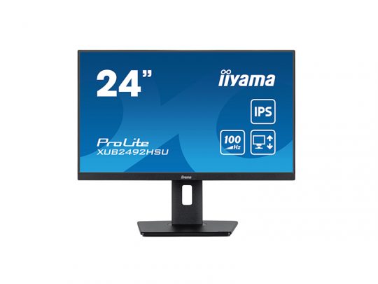 24-inch iiyama ProLite XUB2492HSU monitor with thin bezels, shown from the front. The screen displays key specs—24-inch, IPS panel, 100Hz refresh rate—on a blue background.