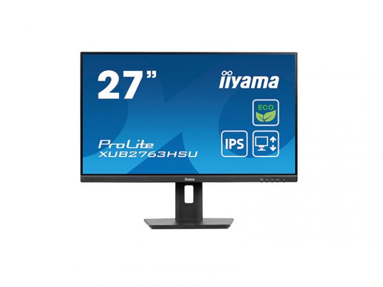 27-inch iiyama ProLite XUB2763HSU computer monitor with a blue screen showing the model name, IPS panel, and eco-friendly icons; sleek design on a minimalist stand against a white background.