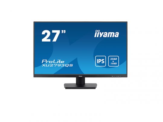 27-inch iiyama ProLite XU2793QS computer monitor with a blue screen, showcasing IPS technology and a 2560 x 1440 resolution. The monitor has slim bezels and a sleek black design, ideal for high-resolution office or home use.
