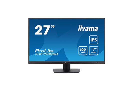 27-inch iiyama ProLite XU2793QSU monitor with a flat screen, shown on a black stand against a white background; display highlights key features including 100 Hz refresh rate, IPS panel, and 2560x1440 resolution.