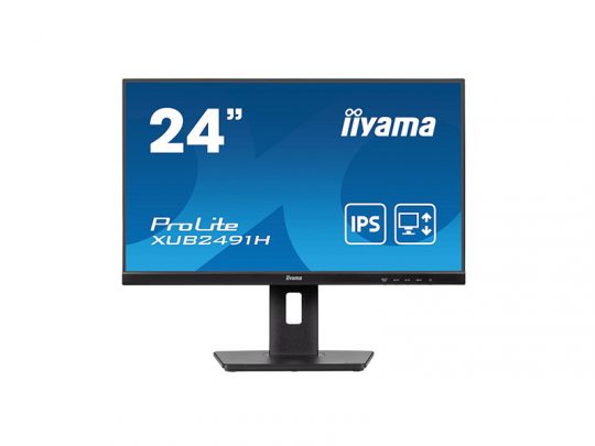 24-inch iiyama ProLite XUB2491H monitor with a flat, slim-bezel screen and adjustable stand, displaying on-screen product details and icons for IPS display technology and multiple connectivity options.