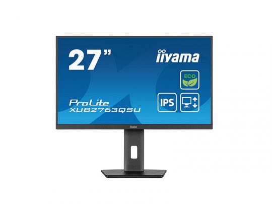 27-inch iiyama ProLite XUB2763QSU computer monitor on a black stand, displaying a blue screen with the model name and icons for eco-friendly, IPS panel, and energy-saving features.