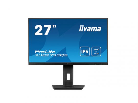 27-inch iiyama ProLite XUB2793QS computer monitor with a sleek black stand, showing its key specs—IPS technology and 2560 x 1440 resolution—on the display.