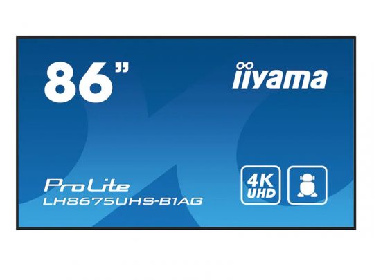 86-inch iiyama ProLite LH8675UHS-B1AG 4K UHD display with a blue screen showing 86 and iiyama at the top right, and ProLite LH8675UHS-B1AG with 4K UHD at the bottom, highlighting an ultra-high-definition professional monitor.