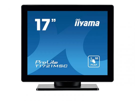 Front view of a 17-inch iiyama ProLite T1721MSC touchscreen monitor with a blue screen displaying the model name and a 10-point capacitive touch icon, highlighting its multi-touch functionality.