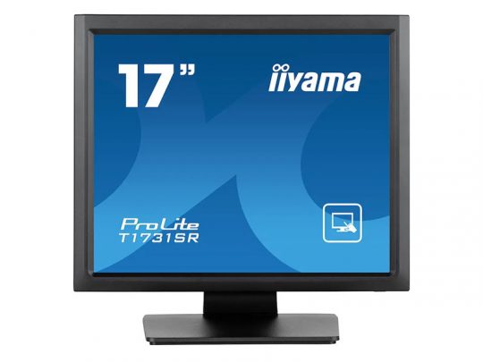 Black iiyama ProLite T1731SR 17-inch touchscreen monitor showing a blue screen with white text and a hand touch icon.