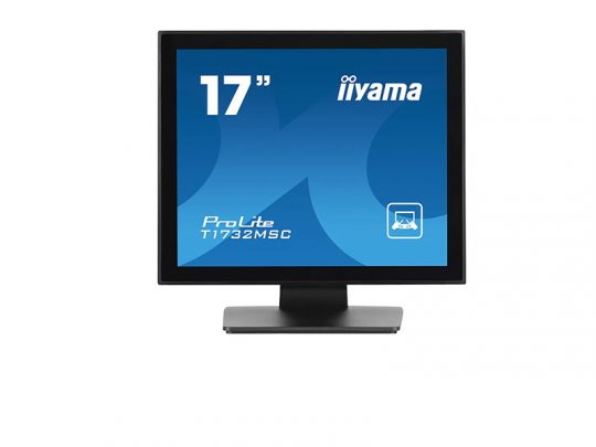 17-inch iiyama ProLite T1732MSC touchscreen monitor, shown from the front with a flat black frame and a blue display screen featuring the model name and size.