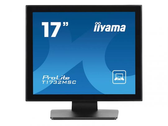 17-inch Iiyama ProLite T1732MSC touchscreen monitor on a black stand, displaying the blue Iiyama logo and model name on its screen; shown against a plain white background.