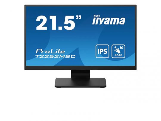 21.5-inch iiyama ProLite T2252MSC monitor with a blue display screen featuring model information and icons for IPS technology and PCAP 10-point touch. The monitor has a slim bezel and sturdy stand, highlighting its touchscreen capabilities.